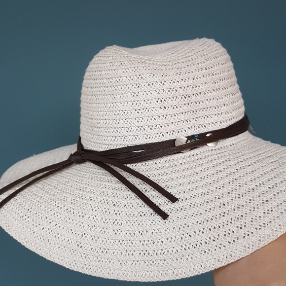 OFF WHITE COLUMBINO BOHO WITH ABALONE DRIP RAFIA PAPER TREE FLOPPY SUMMER HAT - Picture 8 of 9